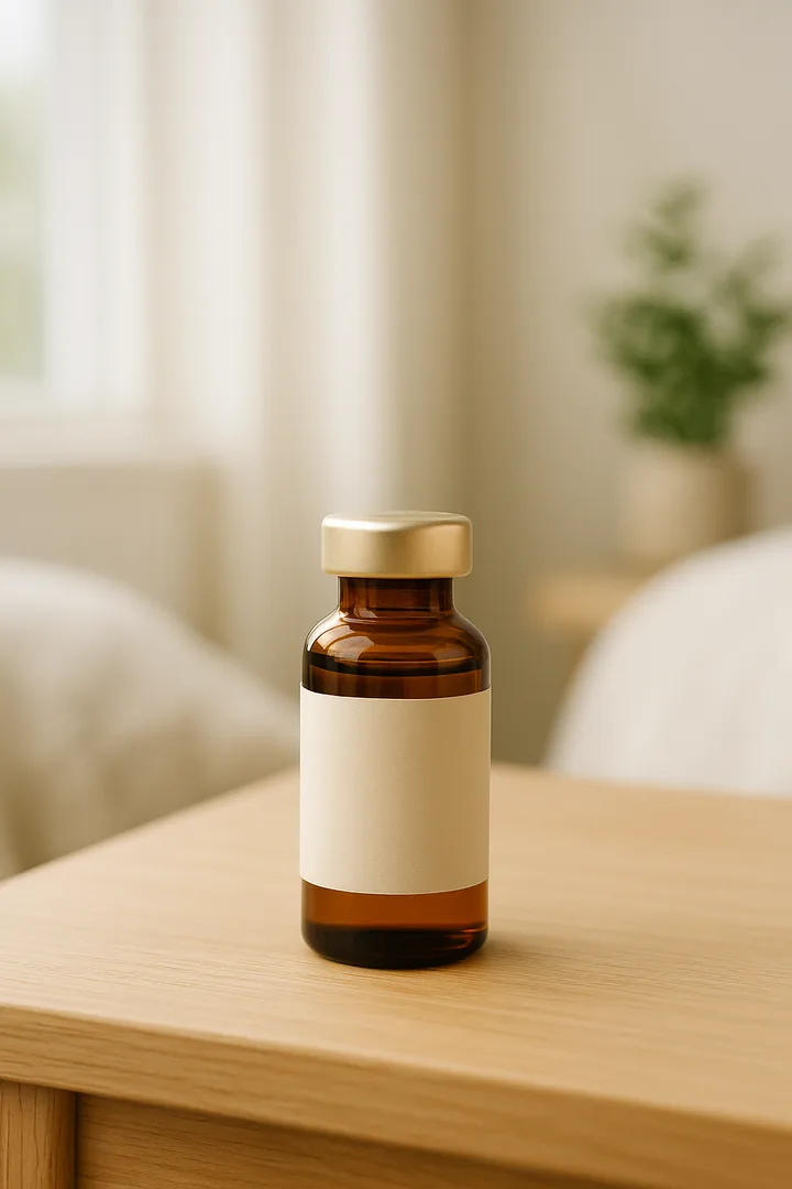 Small amber vial on a nightstand in a bright home